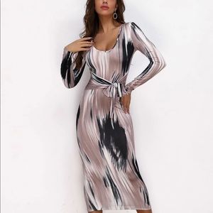 SHE IN Brush Stroke Print Tie Waist Bodycon Dress (SIZE LARGE)